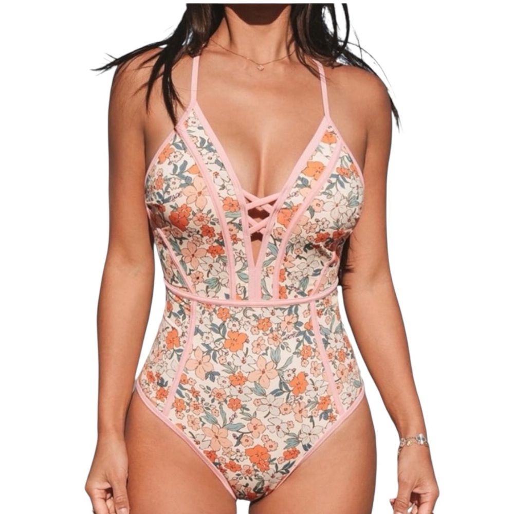 Cupshe | Vintage Inspired Floral One-Piece Swimsuit Pink Pastel | XS New